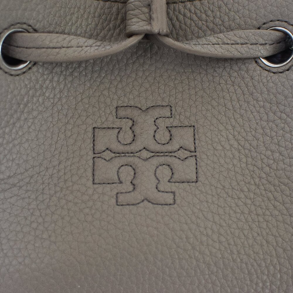 Tory Burch Pebbled Leather Drawstring Bucket Bag in Taupe - Picture 2 of 16